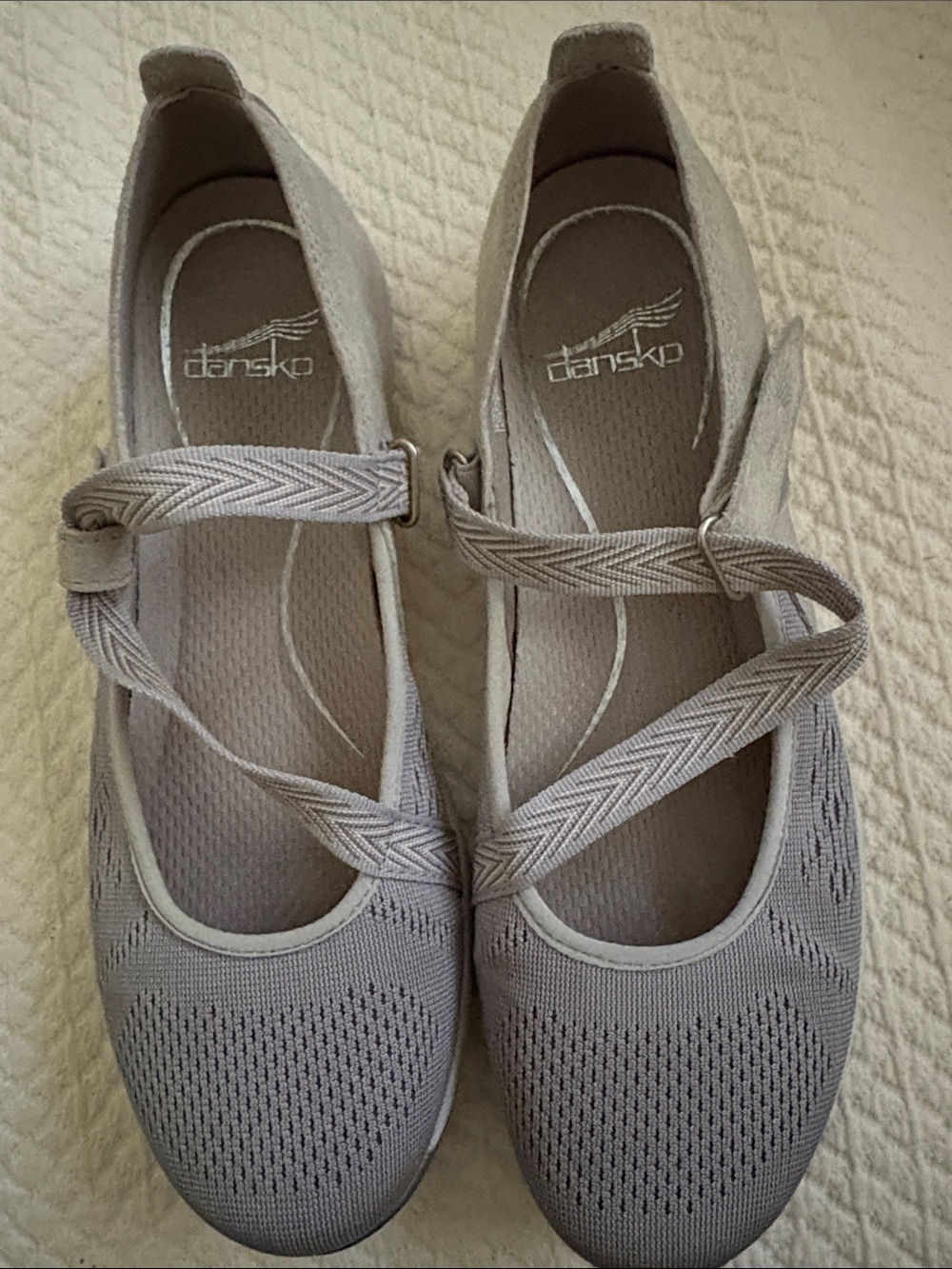 Dansko Light Gray Knit Mary Jane Flats with Cross Straps